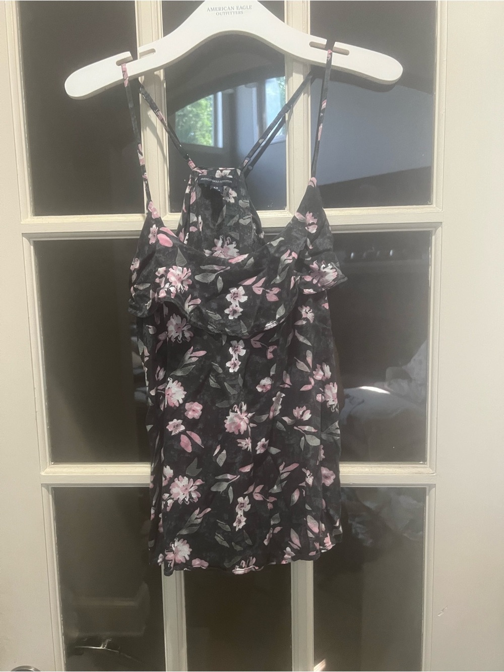 American Eagle Floral Ruffle Cami Top - Black with Pink Floral